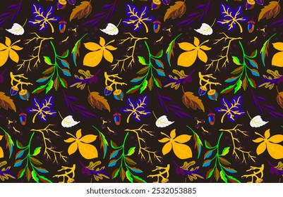 Autumn seamless natural pattern of exotic leaves. Vector floral background. Falling leaf seamless background with Oak. Maple, chestnut, linden, aspen walnut and rowan foliage in cartoon style.