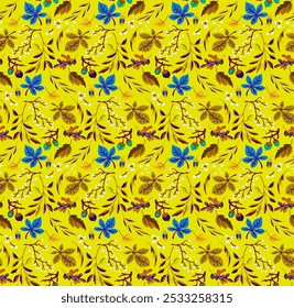 Autumn seamless natural pattern of exotic leaves. Vector floral background. Falling leaf seamless background with Oak. Maple, chestnut, linden, aspen walnut and rowan foliage in cartoon style.