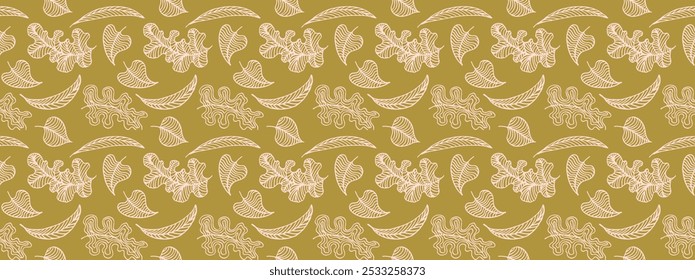 Autumn seamless natural pattern of exotic leaves. Vector floral background. Falling leaf seamless background with Oak. Maple, chestnut, linden, aspen walnut and rowan foliage in cartoon style.