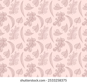 Autumn seamless natural pattern of exotic leaves. Vector floral background. Falling leaf seamless background with Oak. Maple, chestnut, linden, aspen walnut and rowan foliage in cartoon style.