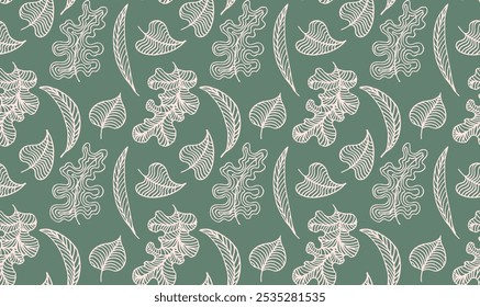Autumn seamless natural pattern of exotic leaves. Vector floral background. Falling leaf seamless background with Oak. Maple, chestnut, linden, aspen walnut and rowan foliage in cartoon style.
