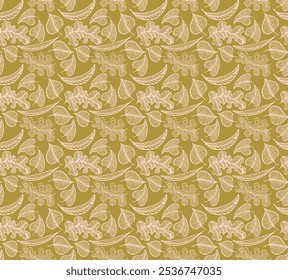Padrão natural sem emenda de outono de folhas exóticas. Fundo floral do vetor. Fundo sem costura folha queda com carvalho. Bordo, castanheiro, tília, noz de álamo e folhagem de rowan em estilo cartoon.