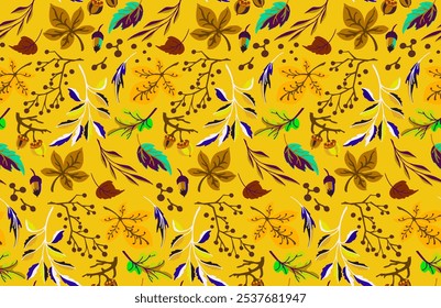 Autumn seamless natural pattern of exotic leaves. Vector floral background. Falling leaf seamless background with Oak. Maple, chestnut, linden, aspen walnut and rowan foliage in cartoon style.