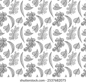 Autumn seamless natural pattern of exotic leaves. Vector floral background. Falling leaf seamless background with Oak. Maple, chestnut, linden, aspen walnut and rowan foliage in cartoon style.