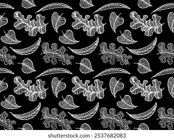 Patrón natural sin fisuras de otoño de hojas exóticas. Fondo floral de Vector. Fondo sin fisuras de la hoja que cae con el roble. Arce, castaño, tilo, álamo, nogal y follaje de serrano en estilo de dibujos animados.