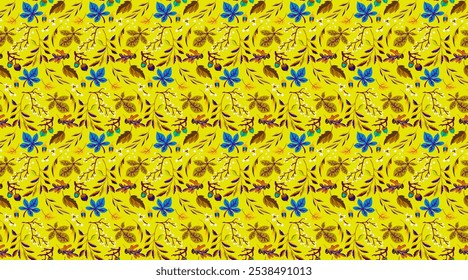 Autumn seamless natural pattern of exotic leaves. Vector floral background. Falling leaf seamless background with Oak. Maple, chestnut, linden, aspen walnut and rowan foliage in cartoon style.