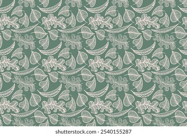 Autumn seamless natural pattern of exotic leaves. Vector floral background. Falling leaf seamless background with Oak. Maple, chestnut, linden, aspen walnut and rowan foliage in cartoon style.