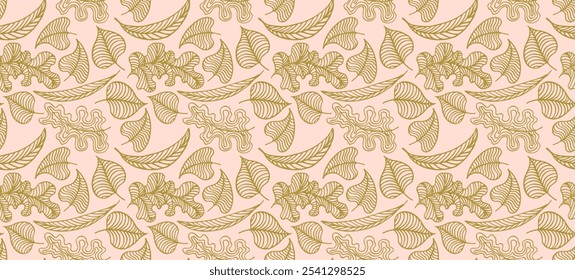 Autumn seamless natural pattern of exotic leaves. Vector floral background. Falling leaf seamless background with Oak. Maple, chestnut, linden, aspen walnut and rowan foliage in cartoon style.