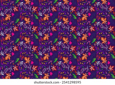 Autumn seamless natural pattern of exotic leaves. Vector floral background. Falling leaf seamless background with Oak. Maple, chestnut, linden, aspen walnut and rowan foliage in cartoon style.