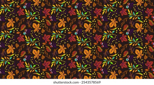 Autumn seamless natural pattern of exotic leaves. Vector floral background. Falling leaf seamless background with Oak. Maple, chestnut, linden, aspen walnut and rowan foliage in cartoon style.