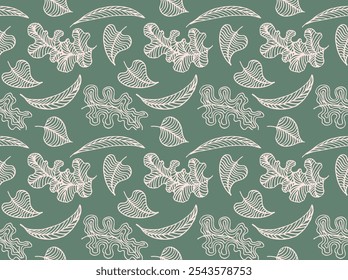 Autumn seamless natural pattern of exotic leaves. Vector floral background. Falling leaf seamless background with Oak. Maple, chestnut, linden, aspen walnut and rowan foliage in cartoon style.