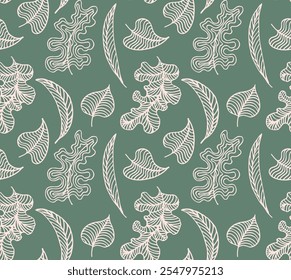 Autumn seamless natural pattern of exotic leaves. Vector floral background. Falling leaf seamless background with Oak. Maple, chestnut, linden, aspen walnut and rowan foliage in cartoon style.