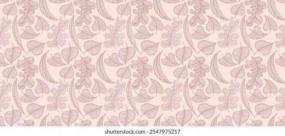 Autumn seamless natural pattern of exotic leaves. Vector floral background. Falling leaf seamless background with Oak. Maple, chestnut, linden, aspen walnut and rowan foliage in cartoon style.