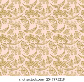 Autumn seamless natural pattern of exotic leaves. Vector floral background. Falling leaf seamless background with Oak. Maple, chestnut, linden, aspen walnut and rowan foliage in cartoon style.