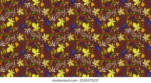 Autumn seamless natural pattern of exotic leaves. Vector floral background. Falling leaf seamless background with Oak. Maple, chestnut, linden, aspen walnut and rowan foliage in cartoon style.