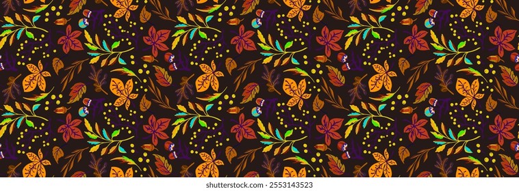 Autumn seamless natural pattern of exotic leaves. Vector floral background. Falling leaf seamless background with Oak. Maple, chestnut, linden, aspen walnut and rowan foliage in cartoon style.