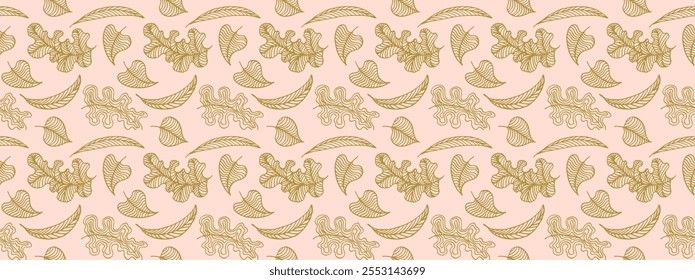 Autumn seamless natural pattern of exotic leaves. Vector floral background. Falling leaf seamless background with Oak. Maple, chestnut, linden, aspen walnut and rowan foliage in cartoon style.