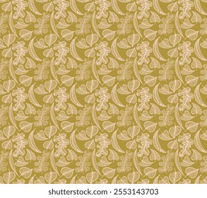 Autumn seamless natural pattern of exotic leaves. Vector floral background. Falling leaf seamless background with Oak. Maple, chestnut, linden, aspen walnut and rowan foliage in cartoon style.