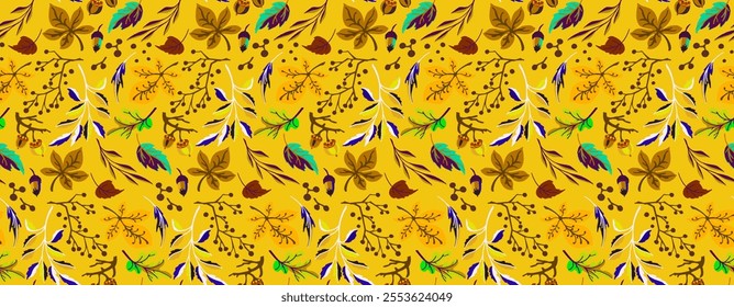 Autumn seamless natural pattern of exotic leaves. Vector floral background. Falling leaf seamless background with Oak. Maple, chestnut, linden, aspen walnut and rowan foliage in cartoon style.