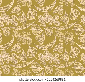 Autumn seamless natural pattern of exotic leaves. Vector floral background. Falling leaf seamless background with Oak. Maple, chestnut, linden, aspen walnut and rowan foliage in cartoon style.