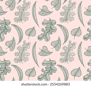 Autumn seamless natural pattern of exotic leaves. Vector floral background. Falling leaf seamless background with Oak. Maple, chestnut, linden, aspen walnut and rowan foliage in cartoon style.