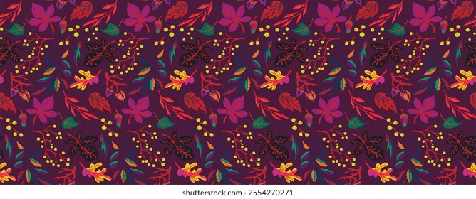 Autumn seamless natural pattern of exotic leaves. Vector floral background. Falling leaf seamless background with Oak. Maple, chestnut, linden, aspen walnut and rowan foliage in cartoon style.