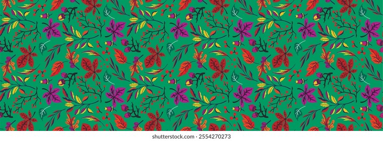 Autumn seamless natural pattern of exotic leaves. Vector floral background. Falling leaf seamless background with Oak. Maple, chestnut, linden, aspen walnut and rowan foliage in cartoon style.