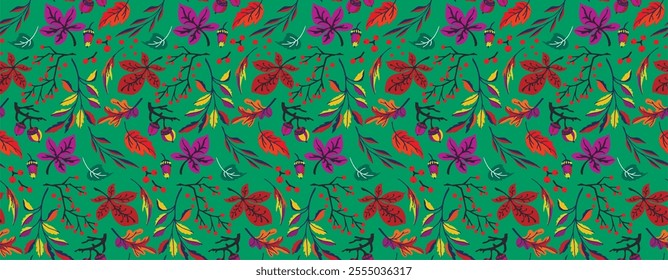 Autumn seamless natural pattern of exotic leaves. Vector floral background. Falling leaf seamless background with Oak. Maple, chestnut, linden, aspen walnut and rowan foliage in cartoon style.