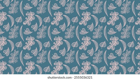 Autumn seamless natural pattern of exotic leaves. Vector floral background. Falling leaf seamless background with Oak. Maple, chestnut, linden, aspen walnut and rowan foliage in cartoon style.