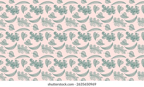 Autumn seamless natural pattern of exotic leaves. Vector floral background. Falling leaf seamless background with Oak. Maple, chestnut, linden, aspen walnut and rowan foliage in cartoon style.