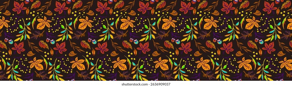 Autumn seamless natural pattern of exotic leaves. Vector floral background. Falling leaf seamless background with Oak. Maple, chestnut, linden, aspen walnut and rowan foliage in cartoon style.