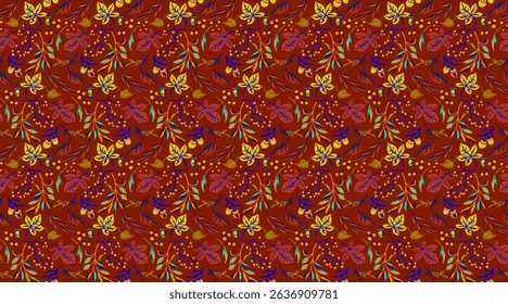 Autumn seamless natural pattern of exotic leaves. Vector floral background. Falling leaf seamless background with Oak. Maple, chestnut, linden, aspen walnut and rowan foliage in cartoon style.