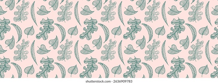 Autumn seamless natural pattern of exotic leaves. Vector floral background. Falling leaf seamless background with Oak. Maple, chestnut, linden, aspen walnut and rowan foliage in cartoon style.