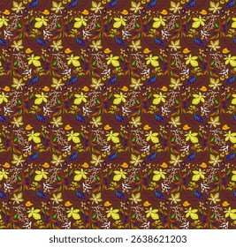 Autumn seamless natural pattern of exotic leaves. Vector floral background. Falling leaf seamless background with Oak. Maple, chestnut, linden, aspen walnut and rowan foliage in cartoon style.