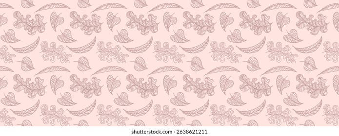 Autumn seamless natural pattern of exotic leaves. Vector floral background. Falling leaf seamless background with Oak. Maple, chestnut, linden, aspen walnut and rowan foliage in cartoon style.