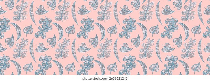 Autumn seamless natural pattern of exotic leaves. Vector floral background. Falling leaf seamless background with Oak. Maple, chestnut, linden, aspen walnut and rowan foliage in cartoon style.