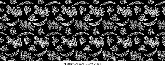 Autumn seamless natural pattern of exotic leaves. Vector floral background. Falling leaf seamless background with Oak. Maple, chestnut, linden, aspen walnut and rowan foliage in cartoon style.