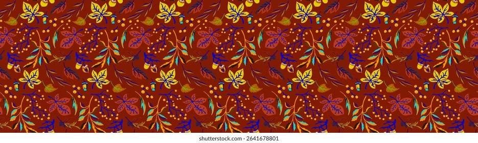Autumn seamless natural pattern of exotic leaves. Vector floral background. Falling leaf seamless background with Oak. Maple, chestnut, linden, aspen walnut and rowan foliage in cartoon style.