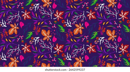 Autumn seamless natural pattern of exotic leaves. Vector floral background. Falling leaf seamless background with Oak. Maple, chestnut, linden, aspen walnut and rowan foliage in cartoon style.
