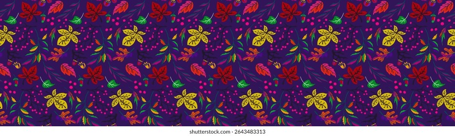 Autumn seamless natural pattern of exotic leaves. Vector floral background. Falling leaf seamless background with Oak. Maple, chestnut, linden, aspen walnut and rowan foliage in cartoon style.
