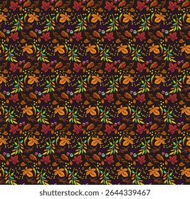 Autumn seamless natural pattern of exotic leaves. Vector floral background. Falling leaf seamless background with Oak. Maple, chestnut, linden, aspen walnut and rowan foliage in cartoon style.