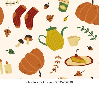 Autumn seamless object pattern: pumpkin, wool socks, wool socks, a piece of cake, hot tea, mushrooms and candles. Vector design elements. Illustration for printing