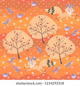Autumn seamless patchwork pattern with cute cartoon foxes jumping in forest.