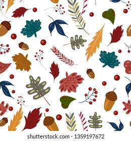 Autumn seamless patern with fall leaves, acorns