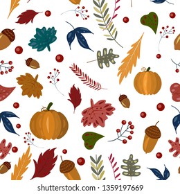 Autumn seamless patern with pumpkin, fall leaves, acorns