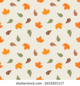 Autumn seamless pattern with abstract bright colorful leaves on beige background. Vector fall designe for print, fabric, wallpaper, wrapping paper