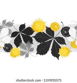 Autumn seamless pattern with abstract chestnuts and chestnut leaves. Vector texture border on a white background. Illustration of nature.