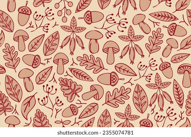 Autumn seamless pattern. Abstract colorful fall pattern with nature design elements and illustrations.