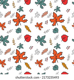 Autumn seamless pattern with abstract leaves in doodle style