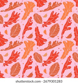 Autumn seamless pattern with abstract oak beige leaves on pink background. Vector fall designe for print, fabric, wallpaper, wrapping paper